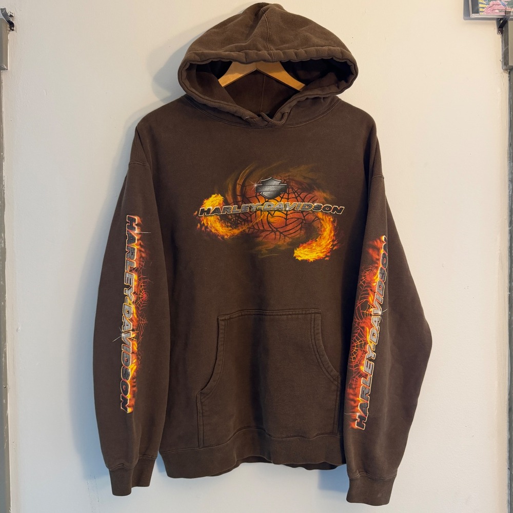 Vintage Harley Davidson Spider Web Flame Graphic Hoodie Brown Mens L RN88434